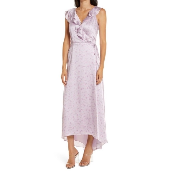 WAYF Satin Floral Wrap Maxi Dress Ruffle Neckline Purple S - Picture 1 of 10